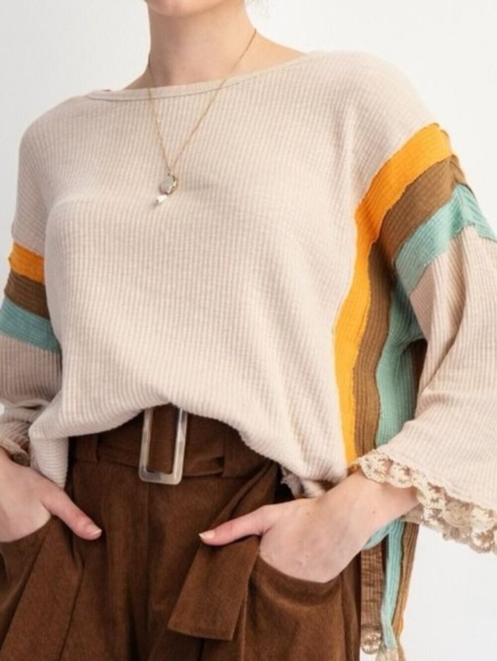 Easel Cream Ribbed Knit Colorblock Boho Top